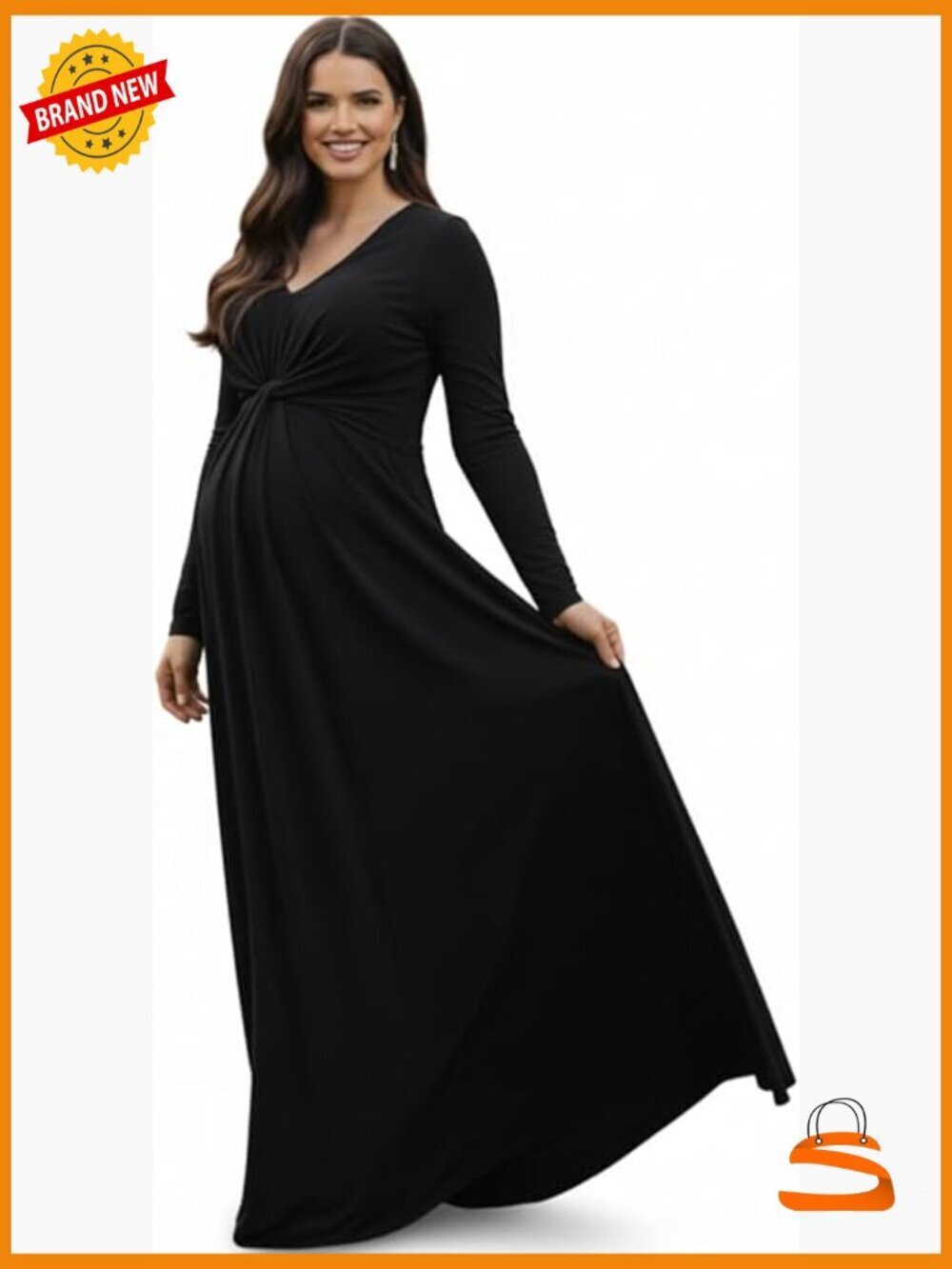 Long Sleeve Flowy Maternity Maxi Dress V-Neck A-Line
